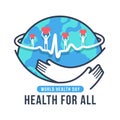 World health day, Health for all - Text and line hand hold hug circle globe world with humans hold heart on line heart wave around Royalty Free Stock Photo