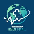 World health day, Health for all - Text and White line cross and heart wave curve around circle globe world sign on blue Royalty Free Stock Photo