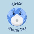 World Health Day background with blue earth globe in medical mask. Vector. Royalty Free Stock Photo