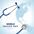 World health day banner with blue stethoscope sign and world earth map background vector design Royalty Free Stock Photo