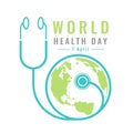 World Health day banner with blue stethoscope sign and green world map circle vector design Royalty Free Stock Photo