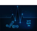 World Health Day banner with glowing low polygonal heartbeat line, pills and text on dark blue.