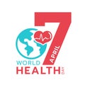 World health day banner with heart wave on earth sign and seven april text vector design