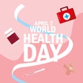 World health day card with bottle medicines and icons