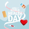 World health day card with bottle medicines and icons