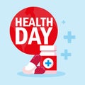 World health day card with bottle medicines