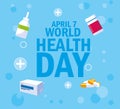 World health day card with bottles and medicines