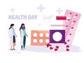 World health day card with doctors women and medicines