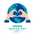 World health day with circle earth word and hand Making Sign Heart and heart wave sign vector design