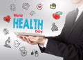 World health day concept. Healty lifestyle background. Man holding a tablet computer