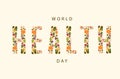 World Health Day flat vector design illustration. Concept of healthy food form the word health background greeting card poster ban Royalty Free Stock Photo