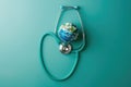 World Health Day. Global Health Awareness concept. Globe inside stethoscope. Green Earth day concept