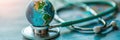 World Health Day. Global Health Awareness concept. Globe inside stethoscope. Green Earth day concept. banner