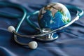 World Health Day. Global Health Awareness concept. Globe inside stethoscope. Green Earth day concept