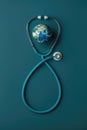 World Health Day. Global Health Awareness concept. Globe inside stethoscope. Green Earth day concept