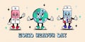 World Health Day greeting cards, banner concept. Retro cartoon style doctor, nurse and Planet earth characters. Vector