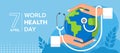 World health day - hand hold care globle world with stethoscope around on blue background vector design