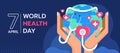 World health day - hand hold globle world with stethoscope rolling and pink heart cross sign around on blue background vector Royalty Free Stock Photo