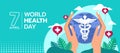World health day - hands holding Caduceus Healthcare Medical Symbol on circle globle world and red heart balloons vector design Royalty Free Stock Photo