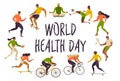 World Health Day. Healthy lifestyle. Roller skates, running, bicycle, run, walk, yoga. Active young people. Vector