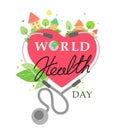 World Health Day heart and stethoscope design. Houses and trees with heart bushes. Vector illustration on white background