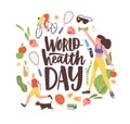 World Health Day inscription with bundle of elements and characters of healthy life. People exercising, running, riding