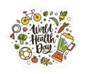 World Health Day lettering handwritten by cursive font and surrounded by whole nutrient foods and sports equipment