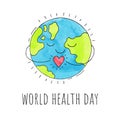 World health day. Planet Earth with a heart. Hand drawn illustration. Vector background Royalty Free Stock Photo