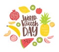 World Health Day postcard with elegant lettering written by cursive font and surrounded by whole nutrient foods, raw