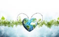 World Health Day poster with Earth continents artificial heart shaped globe, green grass, wire and sky. Eco friendly surrealistic Royalty Free Stock Photo