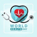 World Health Day - Stethoscope rolling heart line around world with red heart and heart rhythm wave line sign on soft blue Royalty Free Stock Photo