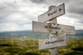 world, health and organization text on wooden signpost outdoors in nature.