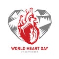 World heart day banner with abstract sharp red human heart in heart sign vector design