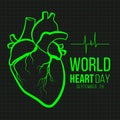 World heart day banner with green Human Heart sign and wave heart sign on monitor black background vector design