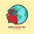 World heart day banner with human heart and globe Line Filled style on yellow background vector design