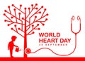 World heart day banner with human Watering a heart tree and stethoscope vector design