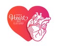 World heart day banner with Orange pink gradient human heart line drawing on heart sign vector design