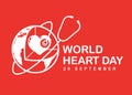 World heart day banner with white heart in 3D world sign and stethoscope on red background vector design Royalty Free Stock Photo
