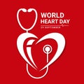 World heart day banner with white stethoscope and heart sign on red background vector design Royalty Free Stock Photo