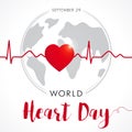 World Heart Day card, heart and cardio pulse trace on globe Royalty Free Stock Photo