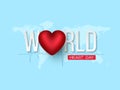 World heart day concept. 3d red heart with white letters on blue map background, vector illustration. Royalty Free Stock Photo