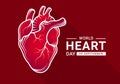 World heart day with Gradient red human heart Real and White outline Drawing sign on dark red background vector design