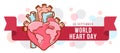 World heart day - Human heart with heart shape modern line sign on red ribbon and bubble texture background vector design Royalty Free Stock Photo