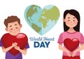 World heart day lettering with couple hugging hearts and heartshaped earth