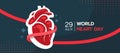 World heart day - red ribbon roll around human heart sign on dark blue background vector design Royalty Free Stock Photo