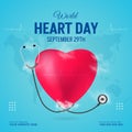 World Heart Day September 29th banner with hearth shape and stethoscope illustration