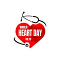 World Heart Day Vector illustration a background with image of stethoscope, heart and world map Royalty Free Stock Photo