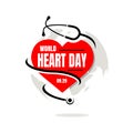 World Heart Day Vector illustration a background with image of stethoscope, heart and world map Royalty Free Stock Photo