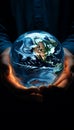 The world held in two substantial hands , Earth Hour concept