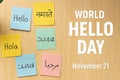 World hello day celebration with greetings in multiple languages on sticky notes Royalty Free Stock Photo